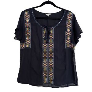 American Eagle Outfitters Embroidered Navy Blue Women's Top